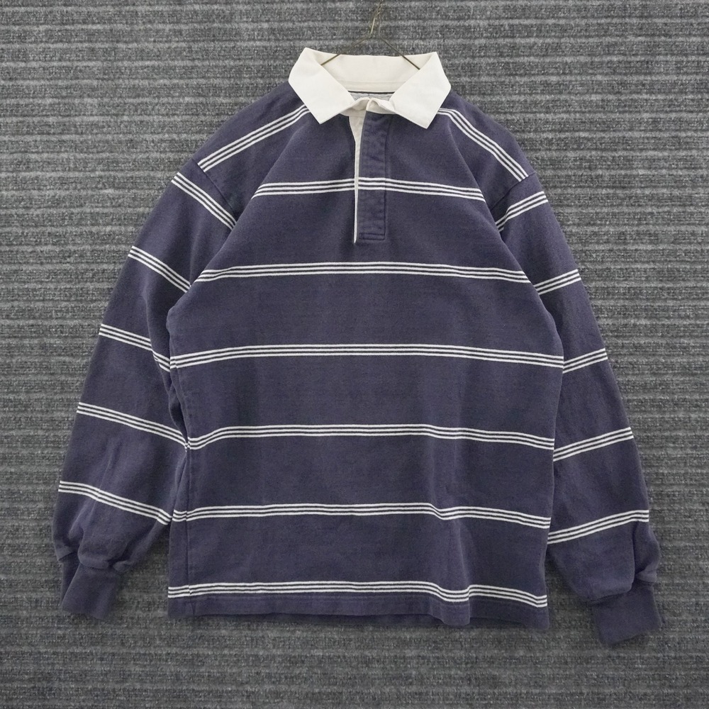 Vintage Lands' End Rugby Shirt Mens M Blue Striped Long Sleeve Cotton USA Made